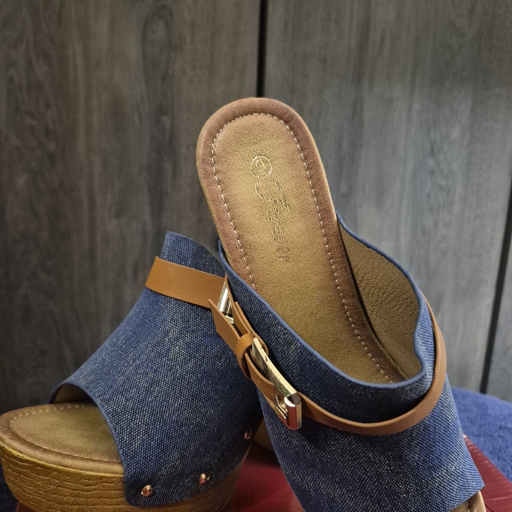 Stylish Denim and Tan Heels